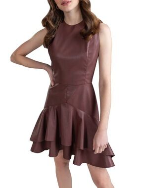 Shoshanna Brown Faux Leather Sleeveless Ruffle Hem Mini Dress